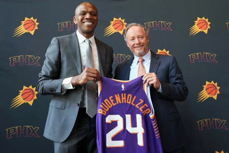 May 17, 2024; Phoenix, AZ, USA; Mike Budenholzer poses alongside General Manager James Jones during a press conference to announce his job as head coach of the Phoenix Suns. Mandatory Credit: Joe Camporeale-USA TODAY Sports