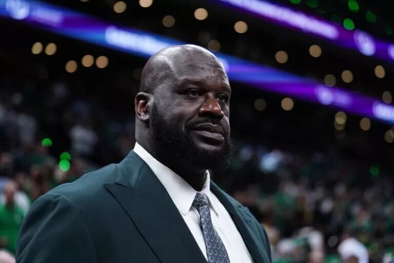 Shaquille O'Neal looks on before the game between the Boston Celtics and the Dallas Mavericks in game one of the 2024 NBA Finals at TD Garden.