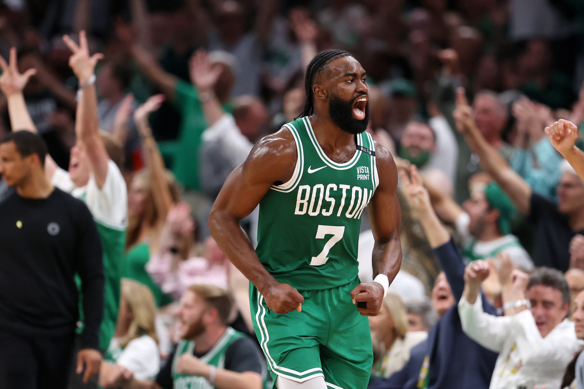 Jun 17, 2024; Boston, Massachusetts, USA; Boston Celtics guard Jaylen Brown (7) reacts after a play against the Dallas Mavericks during the second quarter in game five of the 2024 NBA Finals at TD Garden. Mandatory Credit: Peter Casey-USA TODAY Sports