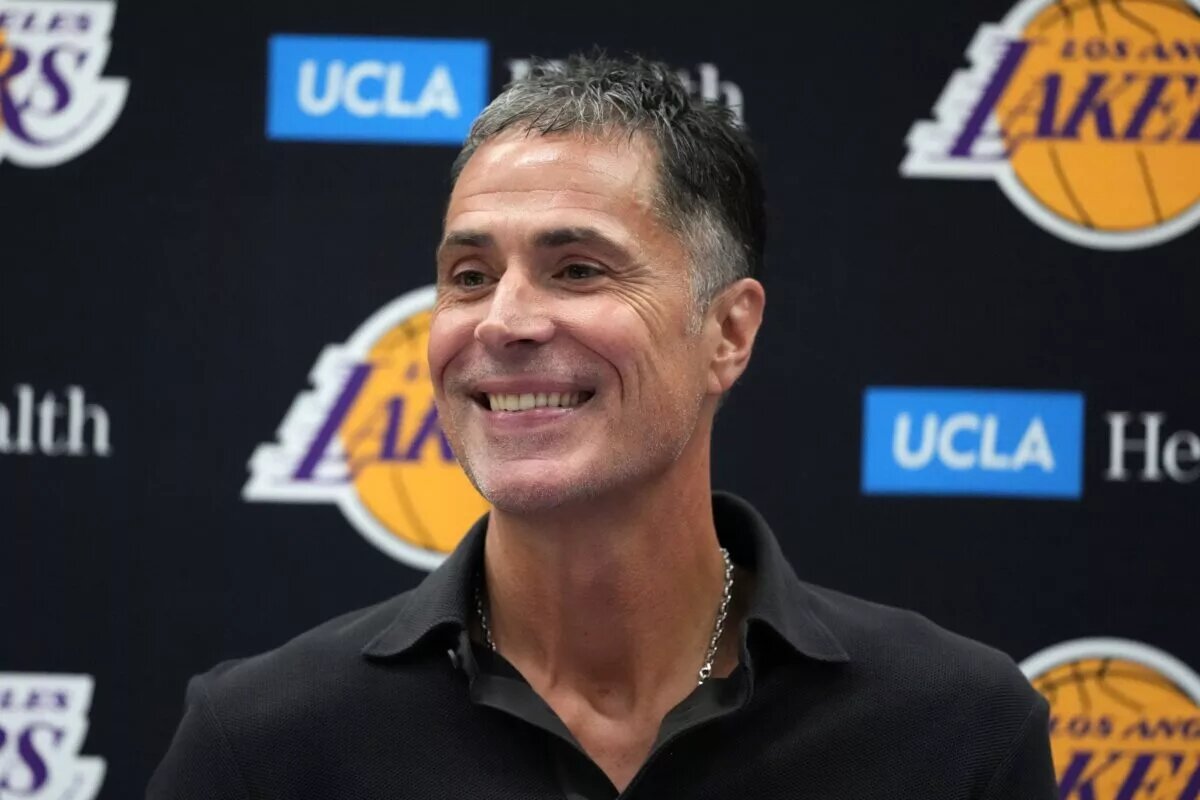 Sep 25, 2024; El Segundo, CA, USA; Los Angeles Lakers general manager Rob Pelinka at press conference at UCLA Health Training Center. Mandatory Credit: Kirby Lee-Imagn Images
