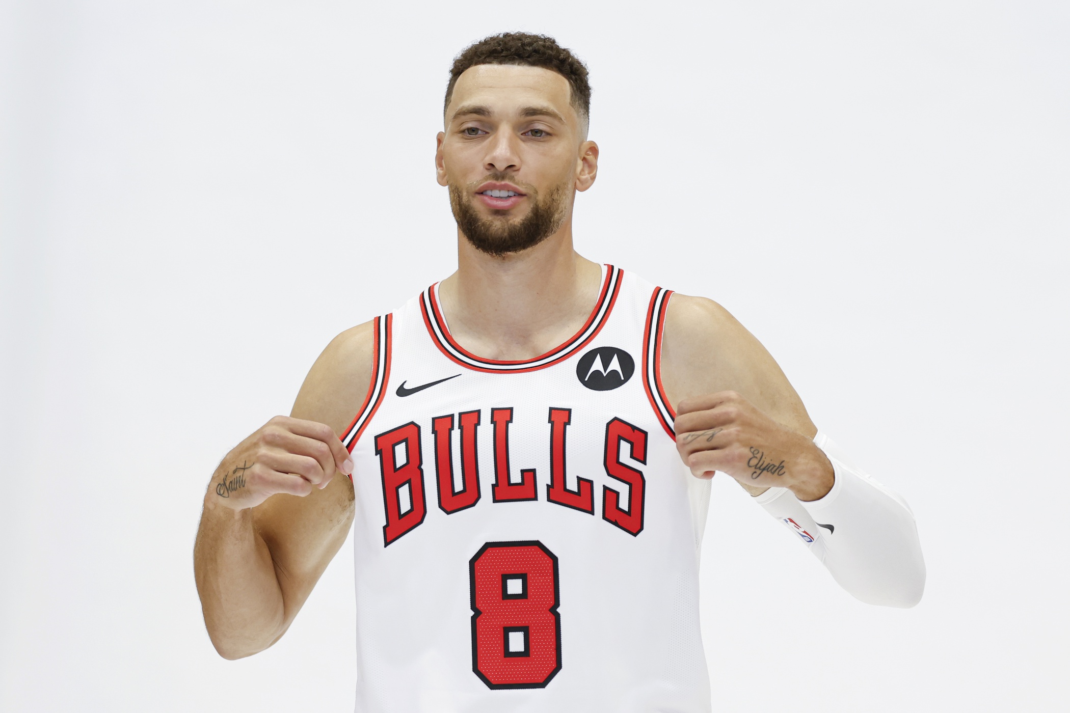 Sep 30, 2024; Chicago, Il, USA; Chicago Bulls guard Zach LaVine (8) poses for a photo during media day. Mandatory Credit: Kamil Krzaczynski-Imagn Images