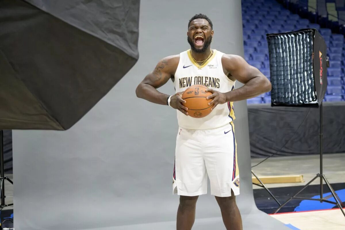 New Orleans Pelicans forward Zion Williamson (1) takes part in Pelicans Media Day
