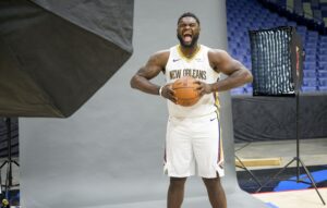 New Orleans Pelicans forward Zion Williamson (1) takes part in Pelicans Media Day