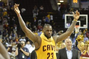 Cleveland Cavaliers forward LeBron James (23) celebrates after a 106-101 win over the Chicago Bulls in game five of the second round of the NBA Playoffs