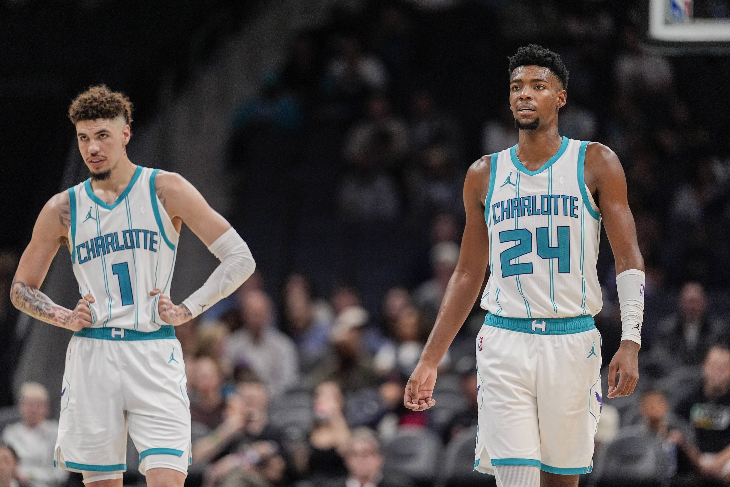 Charlotte Hornets guard LaMelo Ball (1) and forward Brandon Miller