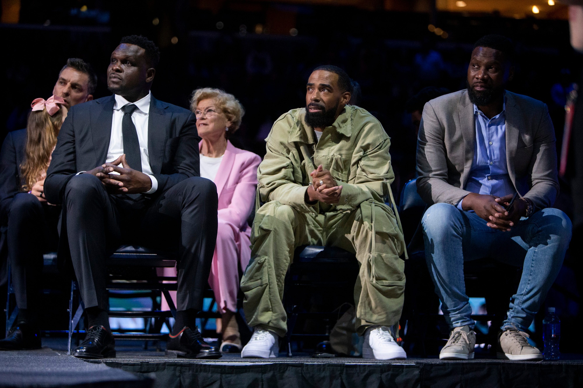 Former Memphis Grizzlies players Zach Randolph, Mike Conley and Tony Allen listen as Marc Gasol speaks