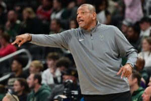 Milwaukee Bucks head coach Doc Rivers calls a play