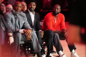 Miami Heat greats Alonzo Mourning, Udonis Harlem, and Dwyane Wade