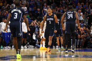 Orlando Magic forward Paolo Banchero (5) celebrates after a basket