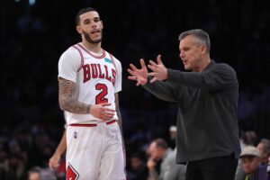 Nov 15, 2021; Los Angeles, California, USA; Chicago Bulls guard Lonzo Ball (2) and coach Billy Donovan react in the second half against the Los Angeles Lakers at Staples Center. The Bulls defeated the Lakers 121-103. Mandatory Credit: Kirby Lee-USA TODAY Sports