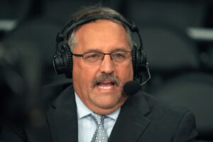 Dec 7, 2021; Los Angeles, California, USA; TNT broadcaster Stan Van Gundy during the game between the Los Angeles Lakers and the Boston Celtics at Staples Center. Mandatory Credit: Kirby Lee-USA TODAY Sports