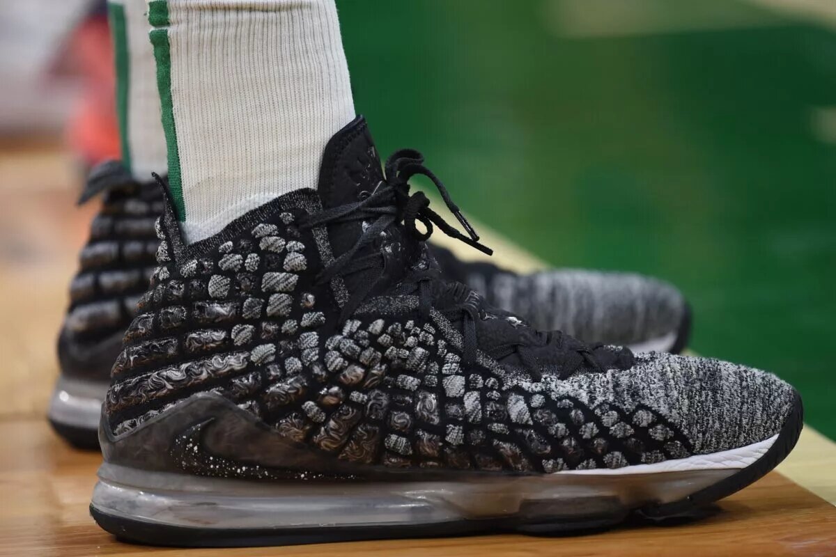 Dec 18, 2021; Boston, Massachusetts, USA; A view of the sneakers worn by Boston Celtics center Robert Williams III (44) during the second half against the New York Knicks at TD Garden. Mandatory Credit: Bob DeChiara-USA TODAY Sports