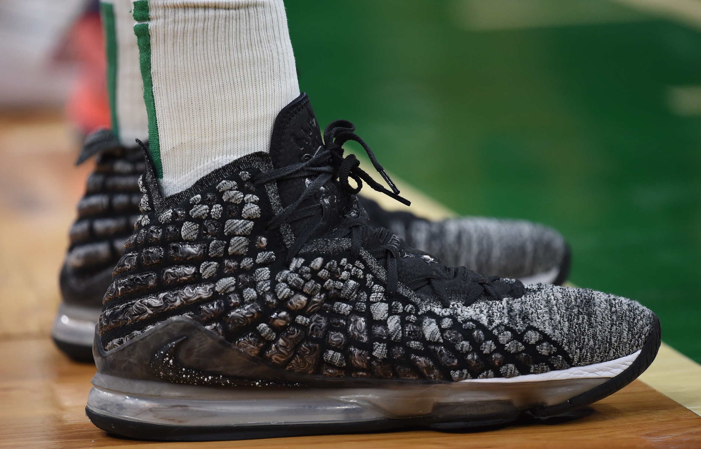 Dec 18, 2021; Boston, Massachusetts, USA; A view of the sneakers worn by Boston Celtics center Robert Williams III (44) during the second half against the New York Knicks at TD Garden. Mandatory Credit: Bob DeChiara-USA TODAY Sports