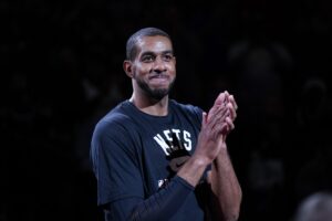 Jan 21, 2022; San Antonio, Texas, USA; Brooklyn Nets center LaMarcus Aldridge (21) thanks the San Antonio crowd during a tribute before the game against the San Antonio Spurs at the AT&T Center. Mandatory Credit: Daniel Dunn-USA TODAY Sports