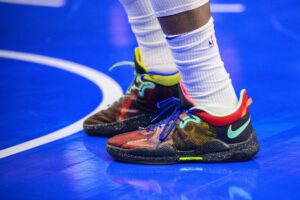 Feb 4, 2022; Dallas, Texas, USA; A view of the sneaker shoes of Philadelphia 76ers center Andre Drummond (1) as he warms up before the game between the Dallas Mavericks and the Philadelphia 76ers at the American Airlines Center. Mandatory Credit: Jerome Miron-USA TODAY Sports