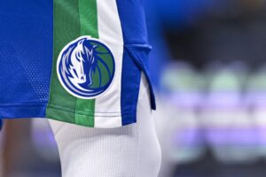 Nov 12, 2022; Dallas, Texas, USA; A view of the Dallas Mavericks logo during the game between the Dallas Mavericks and the Portland Trail Blazers at the American Airlines Center. Mandatory Credit: Jerome Miron-USA TODAY Sports Jason Terry