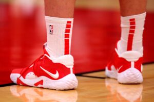 Dec 17, 2022; Houston, Texas, USA; A detail shot of sneakers worn by Houston Rockets center Alperen Sengun (28) during the fourth quarter against the Portland Trail Blazers at Toyota Center. Mandatory Credit: Erik Williams-USA TODAY Sports