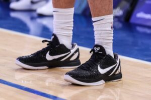 Jan 16, 2023; New York, New York, USA; A detailed view of the sneakers worn by New York Knicks guard Quentin Grimes (6) before the game against the Toronto Raptors at Madison Square Garden. Mandatory Credit: Vincent Carchietta-USA TODAY Sports