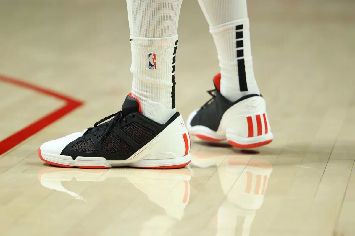 Mar 19, 2023; Portland, Oregon, USA; Shoes worn by Portland Trail Blazers forward Nassir Little (10) in a game against the LA Clippers in the second half at Moda Center. Mandatory Credit: Jaime Valdez-USA TODAY Sports