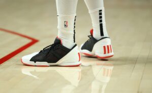 Mar 19, 2023; Portland, Oregon, USA; Shoes worn by Portland Trail Blazers forward Nassir Little (10) in a game against the LA Clippers in the second half at Moda Center. Mandatory Credit: Jaime Valdez-USA TODAY Sports