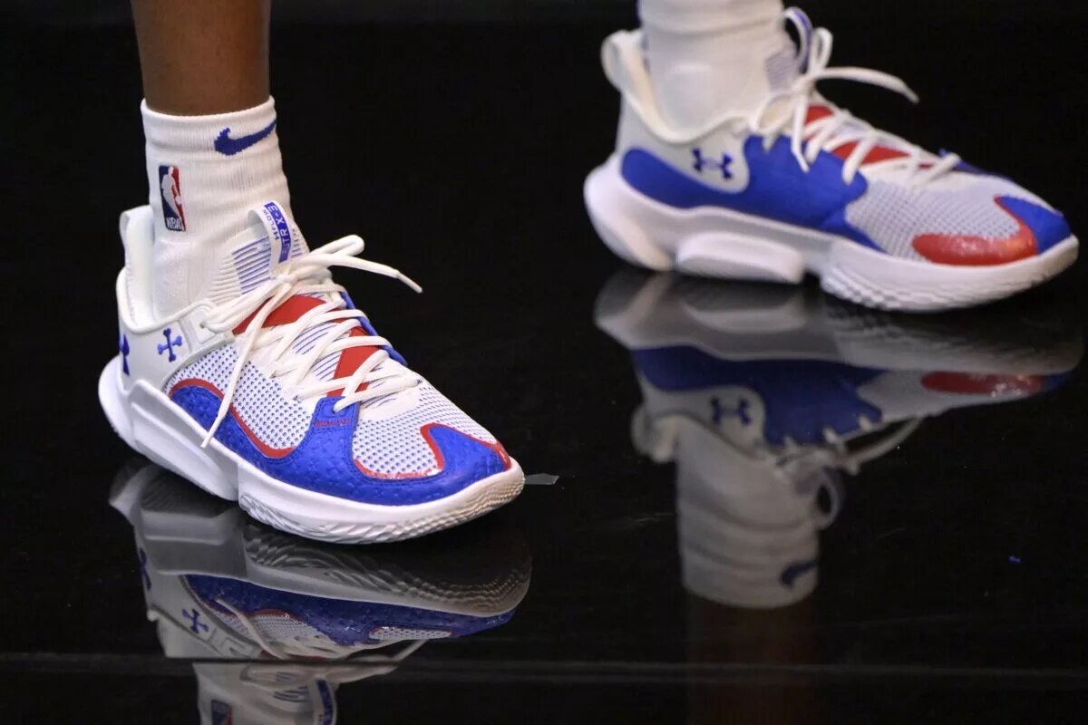 Oct 2, 2023; Los Angeles, CA, USA; Detailed view of the sneakers worn by Los Angeles Clippers guard Bones Hyland (5) during media day at the Honey Training Center in Playa Vista, CA. Mandatory Credit: Jayne Kamin-Oncea-USA TODAY Sports