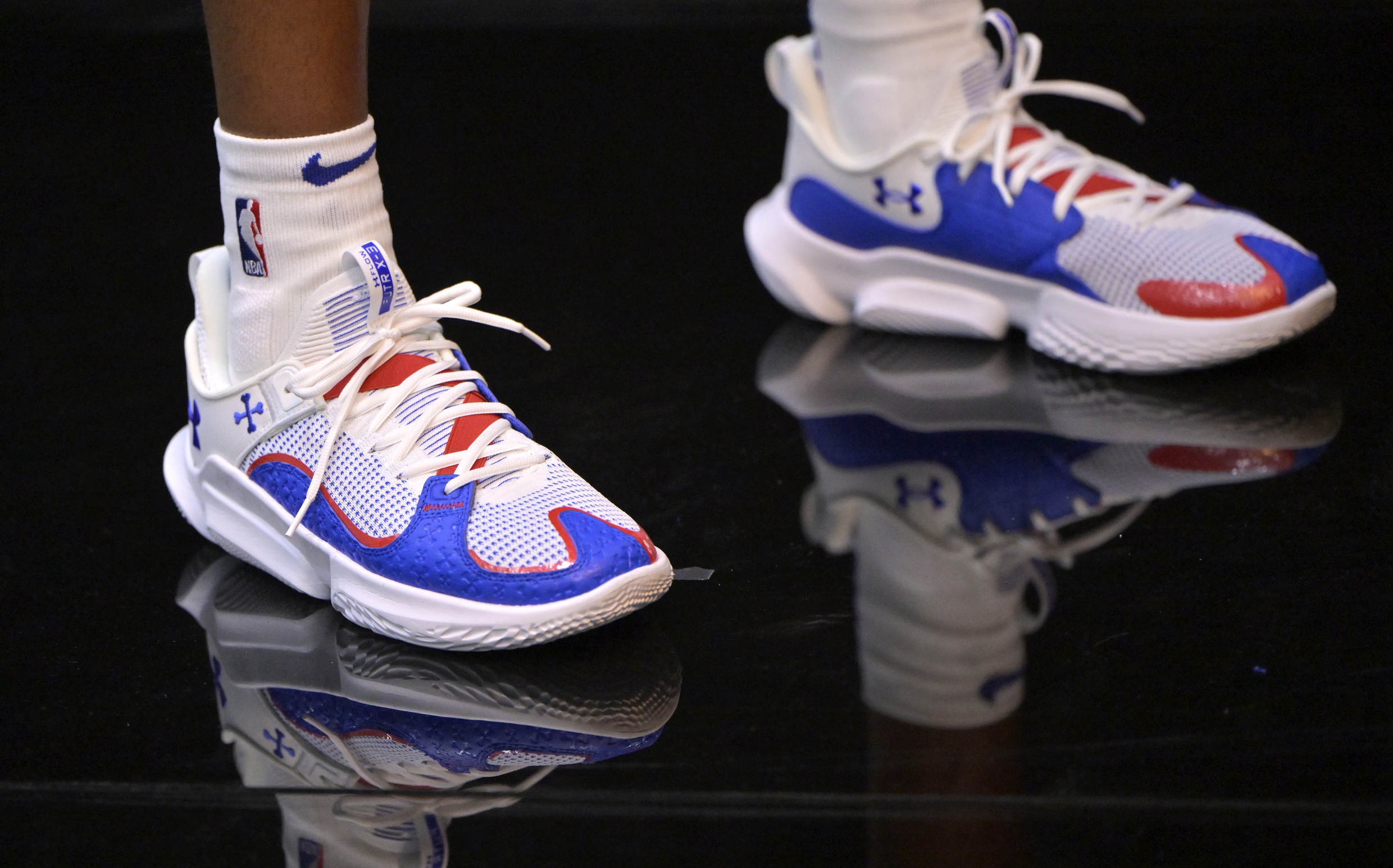 Oct 2, 2023; Los Angeles, CA, USA; Detailed view of the sneakers worn by Los Angeles Clippers guard Bones Hyland (5) during media day at the Honey Training Center in Playa Vista, CA. Mandatory Credit: Jayne Kamin-Oncea-USA TODAY Sports