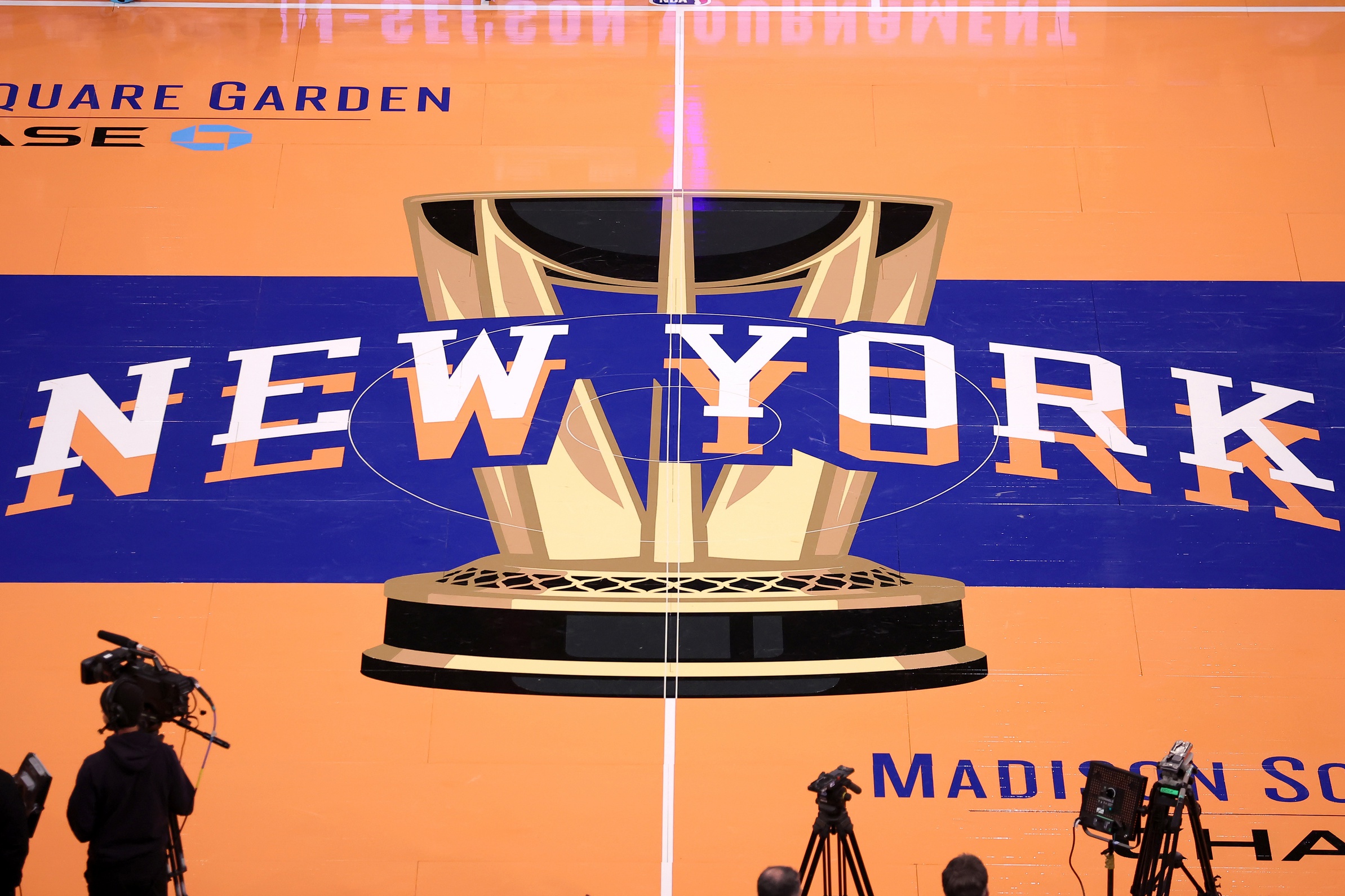 Nov 24, 2023; New York, New York, USA; General view of the in-season tournament court logo during warmups before a game between the New York Knicks and the Miami Heat at Madison Square Garden. Mandatory Credit: Brad Penner-USA TODAY Sports