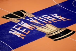 Nov 24, 2023; New York, New York, USA; General view of the in-season tournament court logo during warmups before a game between the New York Knicks and the Miami Heat at Madison Square Garden. Mandatory Credit: Brad Penner-USA TODAY Sports Patrick Ewing