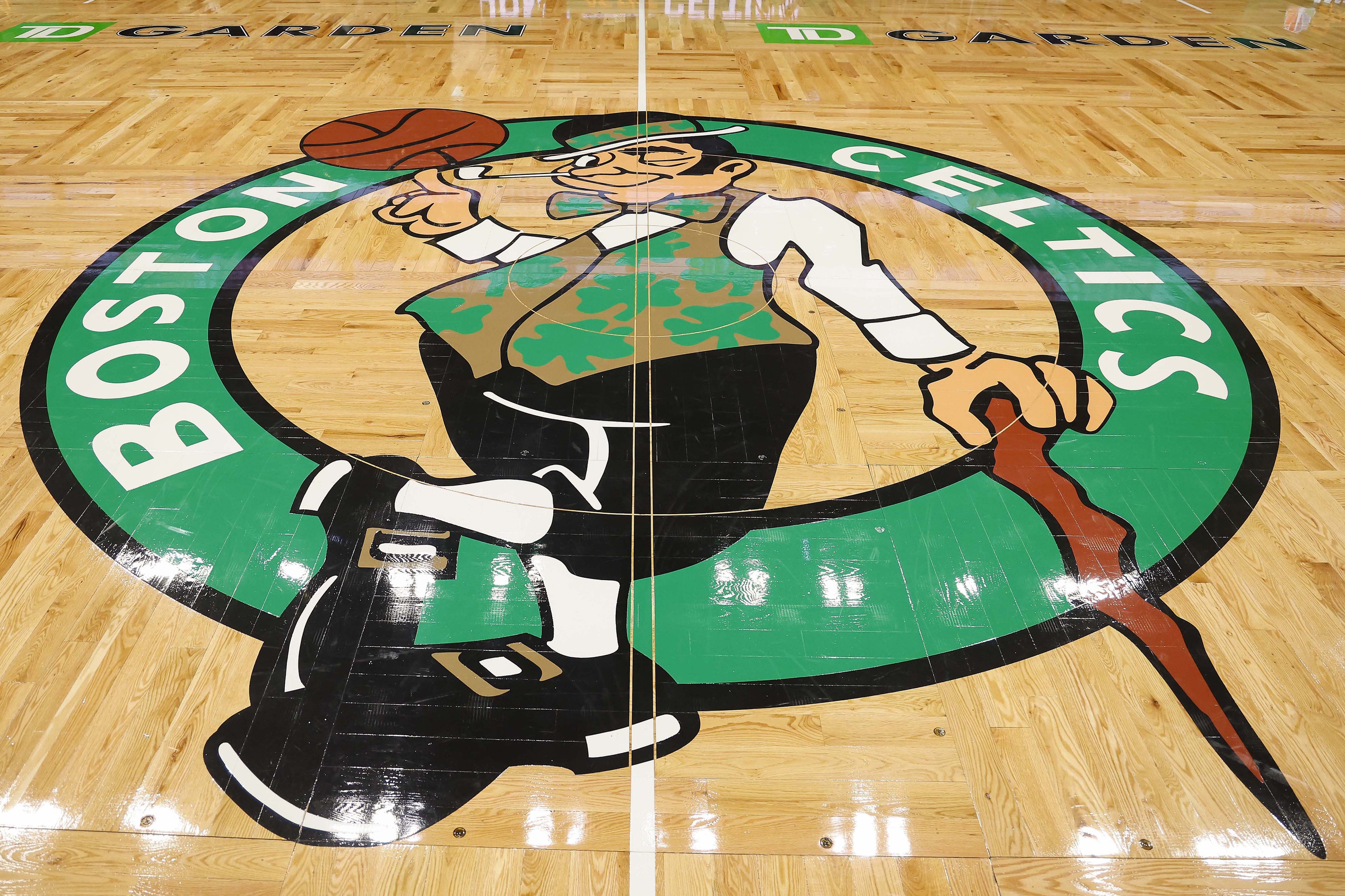 The Boston Celtics logo is seen before the game between the Boston Celtics and the Atlanta Hawks at TD Garden.