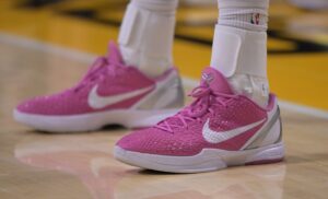 Dec 28, 2023; Los Angeles, California, USA; Detailed view of the basketball sneakers worn by Charlotte Hornets forward Brandon Miller (24) in the game against the Los Angeles Lakers at Crypto.com Arena. Mandatory Credit: Jayne Kamin-Oncea-USA TODAY Sports