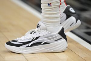 Mar 1, 2024; Los Angeles, California, USA; Detailed view of the basketball sneakers worn by Washington Wizards forward Kyle Kuzma (33) for the game against the Los Angeles Clippers at Crypto.com Arena. Mandatory Credit: Jayne Kamin-Oncea-USA TODAY Sports