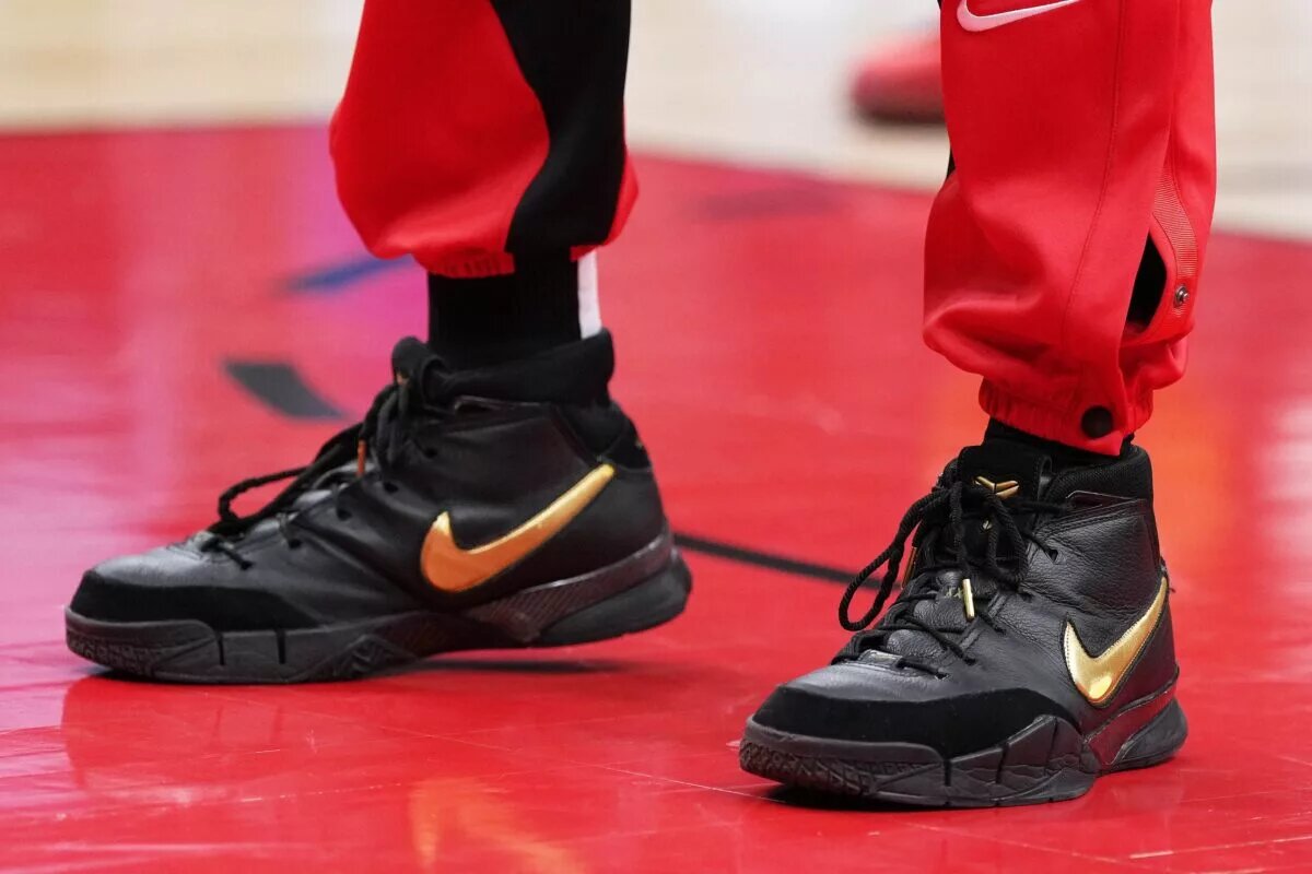 Feb 10, 2024; Toronto, Ontario, CAN; A general view of the basketball shoes of Toronto Raptors guard Justise Winslow (12) during the pregame warmup against the Cleveland Cavaliers at Scotiabank Arena. Mandatory Credit: Nick Turchiaro-USA TODAY Sports