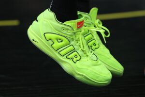 Mar 27, 2024; Salt Lake City, Utah, USA; A general view of the shoes worn by Utah Jazz forward Lauri Markkanen (23) before a game against the San Antonio Spurs at Delta Center. Mandatory Credit: Rob Gray-USA TODAY Sports