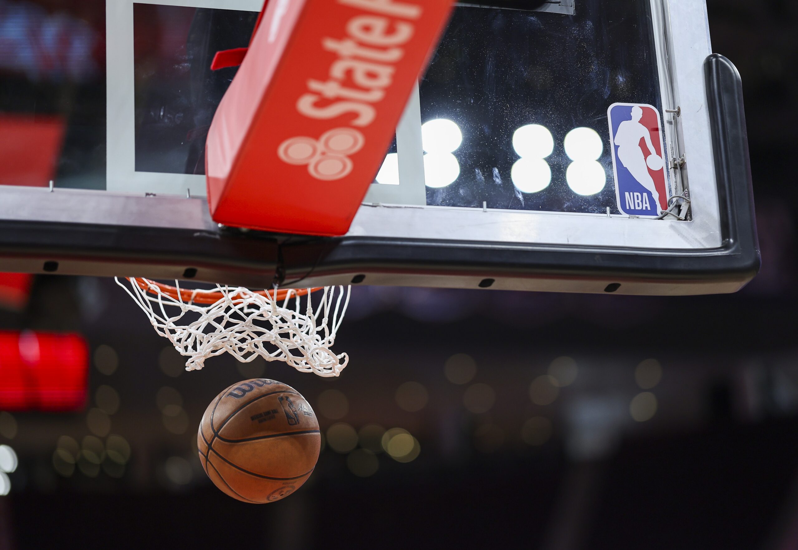 View of the NBA logo on a backboard before the game between the Houston Rockets and the Miami Heat at Toyota Center.