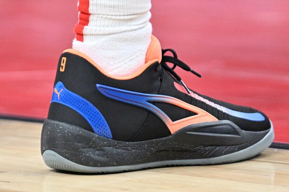 Apr 9, 2024; Toronto, Ontario, CAN; A view of a shoe worn by Toronto Raptors forward RJ Barrett (9) against the Indiana Pacers at Scotiabank Arena. Mandatory Credit: Dan Hamilton-USA TODAY Sports