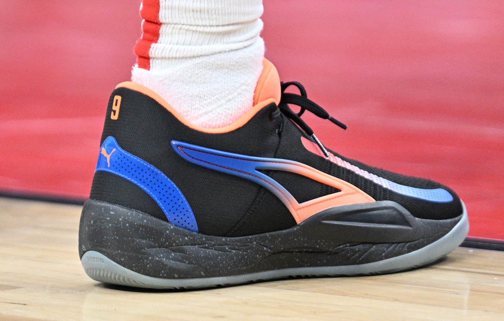 Apr 9, 2024; Toronto, Ontario, CAN; A view of a shoe worn by Toronto Raptors forward RJ Barrett (9) against the Indiana Pacers at Scotiabank Arena. Mandatory Credit: Dan Hamilton-USA TODAY Sports