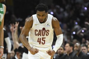 Cleveland Cavaliers guard Donovan Mitchell (45) reacts in the second quarter of game three of the second round of the 2024 NBA playoffs against the Boston Celtics at Rocket Mortgage FieldHouse.