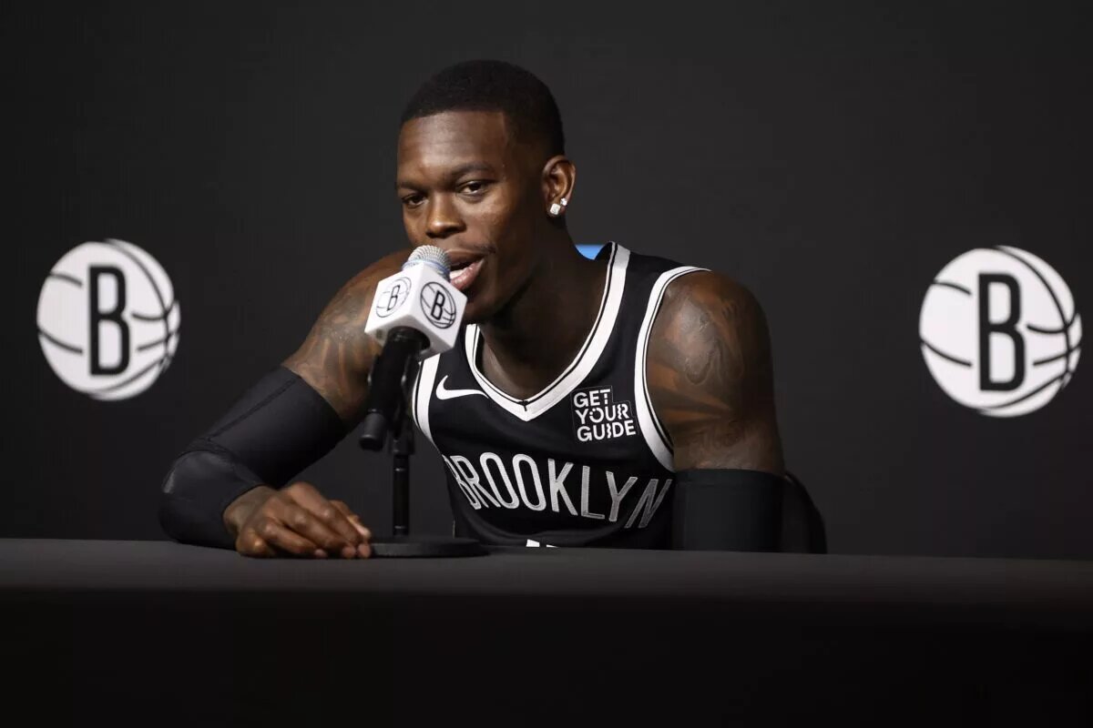 Sep 30, 2024; Brooklyn, NY, USA; Brooklyn Nets guard Dennis Schroder (17) speaks to the press during media day at Brooklyn Nets Media Day at HSS Training Center. Mandatory Credit: Wendell Cruz-Imagn Images