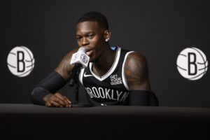 Sep 30, 2024; Brooklyn, NY, USA; Brooklyn Nets guard Dennis Schroder (17) speaks to the press during media day at Brooklyn Nets Media Day at HSS Training Center. Mandatory Credit: Wendell Cruz-Imagn Images