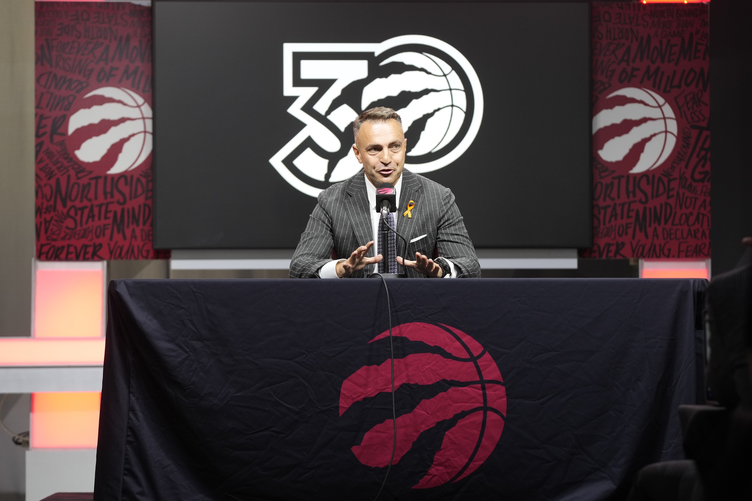 Toronto Raptors head coach Darko Rajakovic talks to the media during media day at Scotiabank Area.