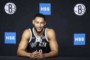 Sep 30, 2024; Brooklyn, NY, USA; Brooklyn Nets guard Ben Simmons (10) at Brooklyn Nets Media Day at HSS Training Center. Mandatory Credit: Wendell Cruz-Imagn Images