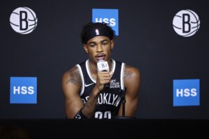 Sep 30, 2024; Brooklyn, NY, USA; Brooklyn Nets center Nic Claxton (33) during media day at Brooklyn Nets Media Day at HSS Training Center. Mandatory Credit: Wendell Cruz-Imagn Images