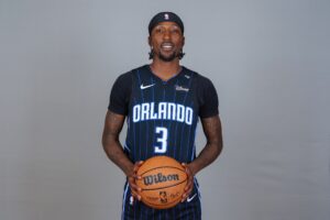 Sep 30, 2024; Orlando, FL, USA; Orlando Magic guard Kentavious Caldwell-Pope (3) poses for a photo during Media Day at AdventHealth Training Center. Mandatory Credit: Mike Watters-Imagn Images