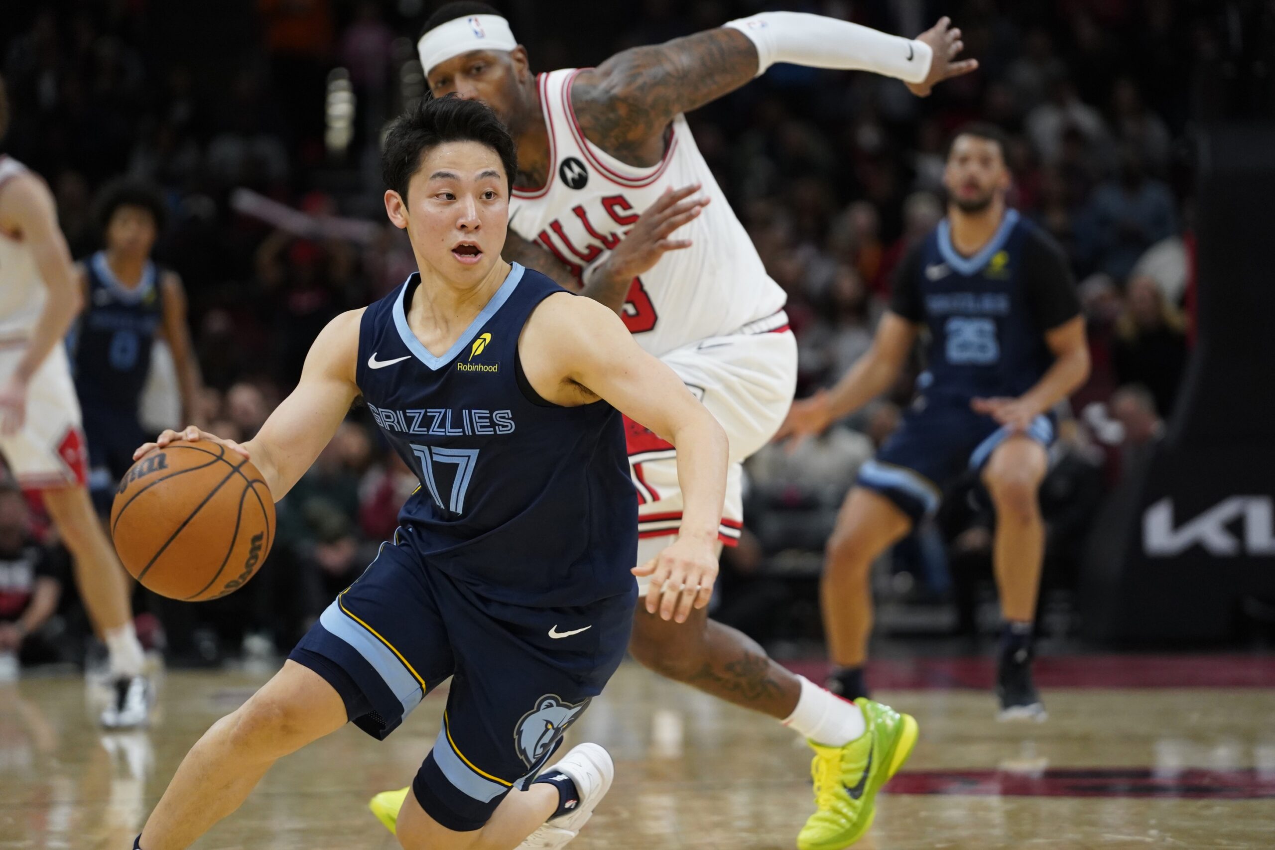 Oct 12, 2024; Chicago, Illinois, USA; Memphis Grizzlies guard Yuki Kawamura (17) dribbles the ball against the Chicago Bulls during the second half at United Center. Mandatory Credit: David Banks-Imagn Images