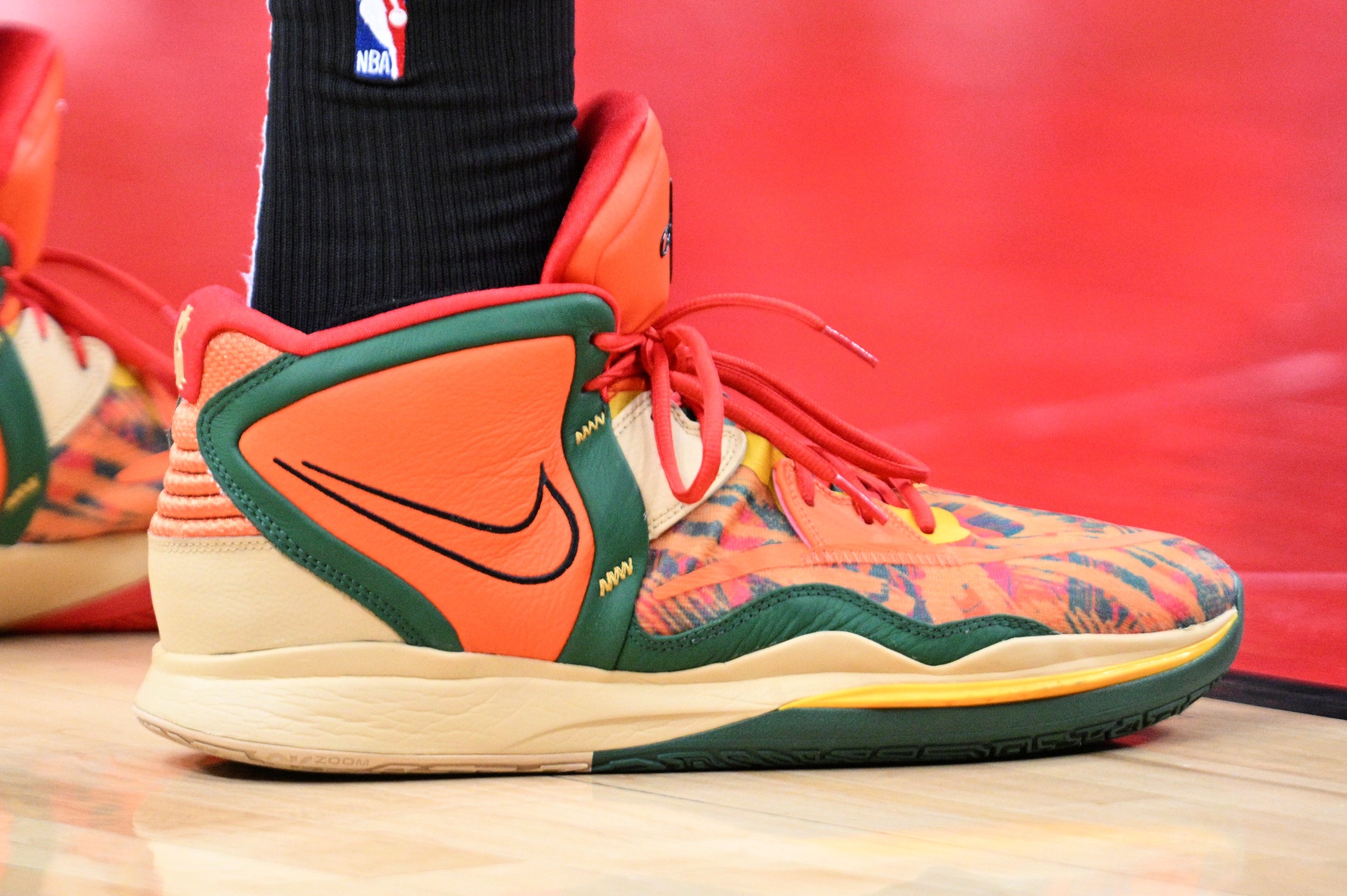 Oct 25, 2024; Toronto, Ontario, CAN; A view of a shoe worn by Toronto Raptors forward Scottie Barnes (4) against the Philadelphia 76ers at Scotiabank Arena. Mandatory Credit: Dan Hamilton-Imagn Images