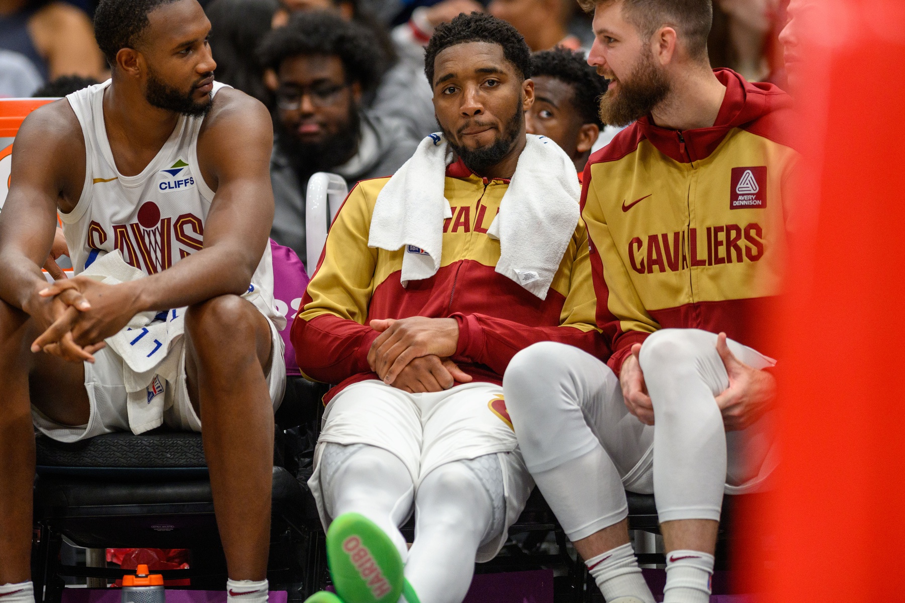 Cleveland Cavaliers guard Donovan Mitchell reacts on the bench with forward Evan Mobley