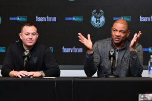 Milwaukee Bucks head coach Doc Rivers speaks at a press conference with general manager Jon Horst