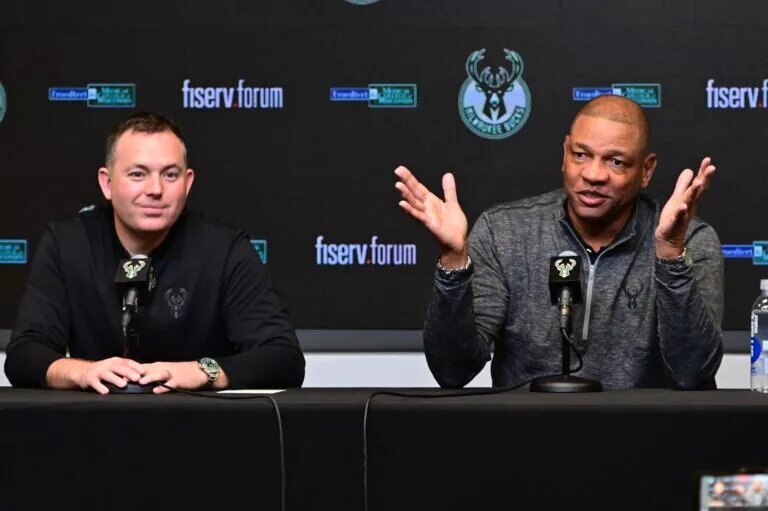 Milwaukee Bucks head coach Doc Rivers speaks at a press conference with general manager Jon Horst