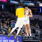 Indiana Pacers forward Enrique Freeman (8) and center Myles Turner (33) celebrate