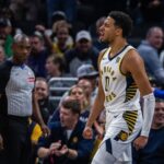 Indiana Pacers guard Tyrese Haliburton (0) celebrates a made basket